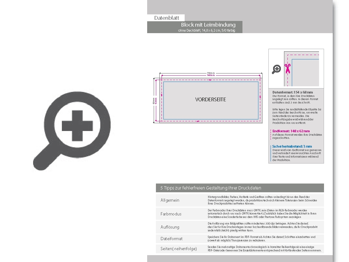 Product Bild block_mit_leimbindung__14_8_cm_x_6_2_cm__50_blatt__5_0_farbig_einseitig_bedruckt_(cmyk_4-farbig_+_1_sonderfarbe_hks_oder_pantone)